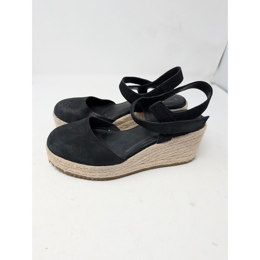 Eileen Fisher Nessa Black Espadrille Wedge Sandals Women's Size 5 Ankle Strap